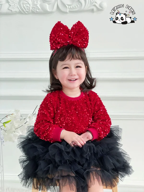LEZONKIDS - Custom Comfortable Long Sleeve Red Velvet Girl Princess Dress Sequin Tulle Dress for Girls
